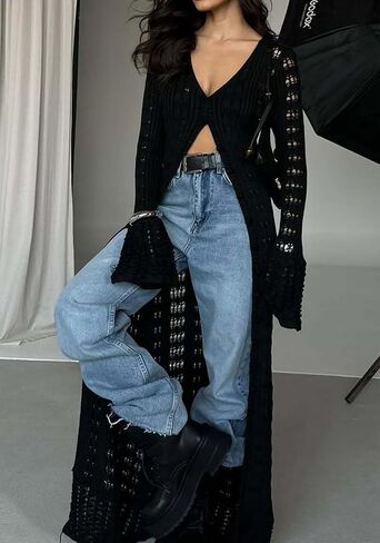 NRTHYE Women Long Crochet Cardigans Button up Knit Hollow Out Elegant Duster Sweaters Cover Up Maxi Dress in Kuwait