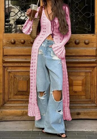 Nrthye Women Cardigans Cardigans Long Cardigans Up Knit Hollow Out Sevents Duster Consities Up Maxi Dress in Kuwait