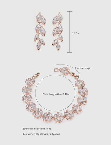 Udylgoon Cubic Zirconia Leaf Dangle Set وأقراط سوار ، مجوهرات زفاف أنيقة مجموعة لحفل الزفاف ، حفلة موسيقية ، حفلة ، وصيفات الشرف in Kuwait