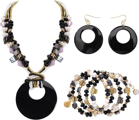 Jewelry Sets for Women 4 Pcs Chunky Beaded Mrs Roper Costume Jewelry for Women Boho Multi Strand Colorful Shell Necklace for Women in Saudi Arabia