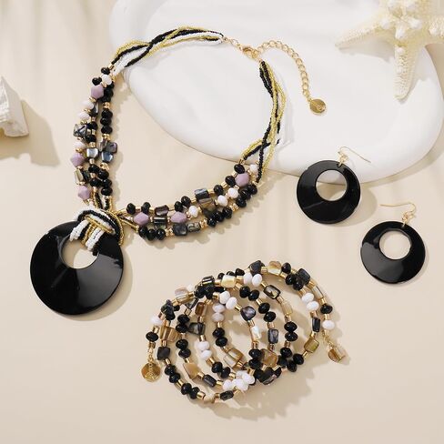 Jewelry Sets for Women 4 Pcs Chunky Beaded Mrs Roper Costume Jewelry for Women Boho Multi Strand Colorful Shell Necklace for Women in Saudi Arabia