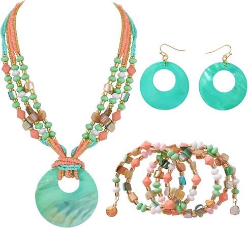 Jewelry Sets for Women 4 Pcs Chunky Beaded Mrs Roper Costume Jewelry for Women Boho Multi Strand Colorful Shell Necklace for Women in Saudi Arabia