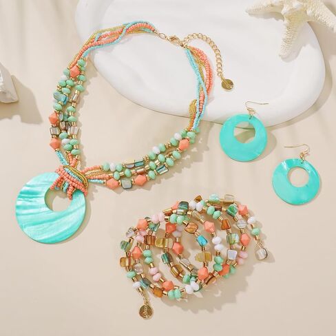Jewelry Sets for Women 4 Pcs Chunky Beaded Mrs Roper Costume Jewelry for Women Boho Multi Strand Colorful Shell Necklace for Women in Saudi Arabia
