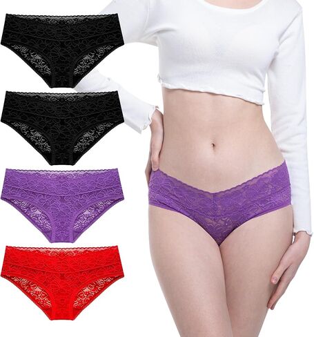 Floral Lace Hipster Panties For Women Comfortable Low Rise Cotton Crotch Lady Bikini Underwear Pack 4 in Kuwait