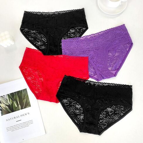 Floral Lace Hipster Panties For Women Comfortable Low Rise Cotton Crotch Lady Bikini Underwear Pack 4 in Kuwait