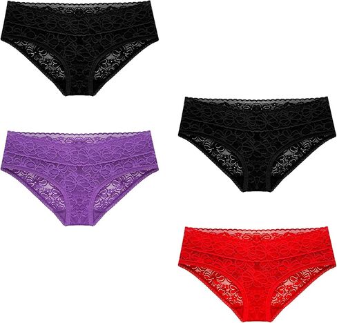 Floral Lace Hipster Panties For Women Comfortable Low Rise Cotton Crotch Lady Bikini Underwear Pack 4 in Kuwait