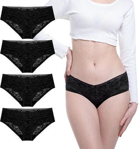 Floral Lace Hipster Panties For Women Comfortable Low Rise Cotton Crotch Lady Bikini Underwear Pack 4 in Kuwait