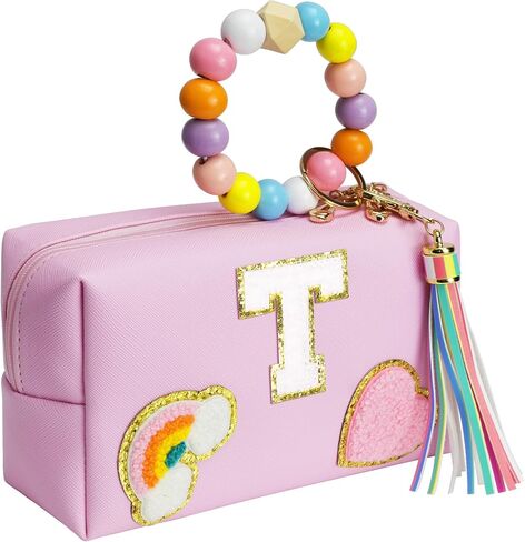 Elilier Initial Preppy Makeup Bag, Personalized Portable Makeup Bag with Keychain Bracelet, Cute Makeup Pouch, PU Leather Waterproof Cosmetic Bag, Toiletry Bag, Preppy Stuff Gift for Girl in Saudi Arabia