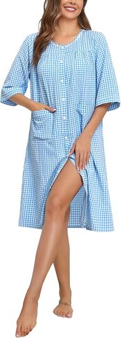 YOZLY Nightgowns for Women Cotton Snap Front Housecoat 3/4 Sleeve Housecoat with Pockets S-3XL in Kuwait