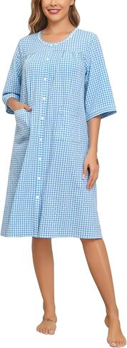 YOZLY Nightgowns for Women Cotton Snap Front Housecoat 3/4 Sleeve Housecoat with Pockets S-3XL in Kuwait