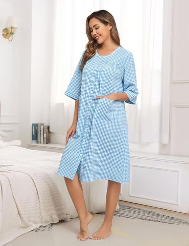 YOZLY Nightgowns for Women Cotton Snap Front Housecoat 3/4 Sleeve Housecoat with Pockets S-3XL in Kuwait