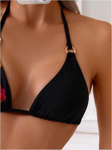 MakeMeChic Women's Floral Halter Bikini Top Metal Ring Triangle Backless Swimwear Bathing Suit Tops in Saudi Arabia