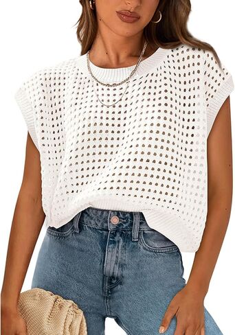 Womens Crochet Cap Sleeve Sweater Summer Crew Neck Casual Hollow Out Knit Tops Pullover Trendy Beach Cover Ups Outfits in Saudi Arabia
