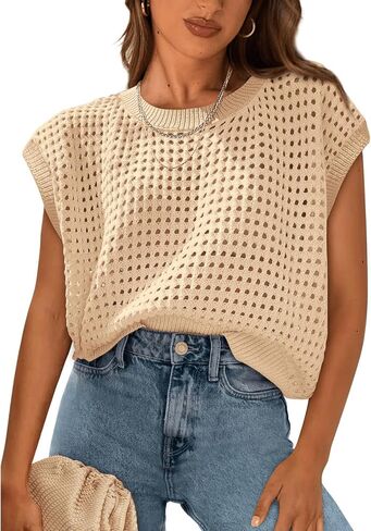Womens Crochet Cap Sleeve Sweater Summer Crew Neck Casual Hollow Out Knit Tops Pullover Trendy Beach Cover Ups Outfits in Saudi Arabia