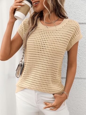 Womens Crochet Cap Sleeve Sweater Summer Crew Neck Casual Hollow Out Knit Tops Pullover Trendy Beach Cover Ups Outfits in Saudi Arabia