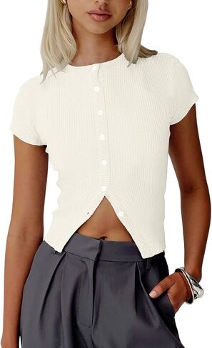 Womens Button Down Short Sleeve Sweater Tops Crew Neck Spring Summer Sweaters Ribbed Cropped Sweatshirts in Saudi Arabia