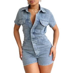 Tbahhir Women's Denim Jumpsuits Casual Short Sleeve Romper One Piece Jumpsuit Shorts Blue Bodycon