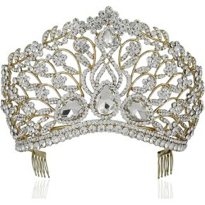 Large Floral Clear White Austrian Rhinestone Crystal Tiara Crown With Hair Comb Headband Veil Headpiece Beauty Queen Princess Pageant Theater Show Bridal Gold Silver T901