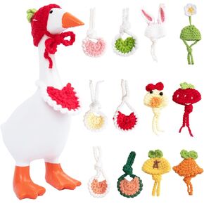 12 PCS Mini Desk Goose Outfits 7 Inch Magnetic Goose Statue Key Holder Clothes Mini Porch Goose Knitted Hats with Adjustable Strap and Bib for Table Decor