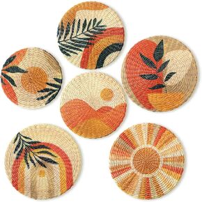 Xuhal 6 Pcs Boho Wall Basket Decor Round Art Hanging Baskets Bohemian Handmade Woven Seagrass Wall Decor Handcrafted Farmhouse Art Decorations for Rustic Home Decorations Kitchen Summer