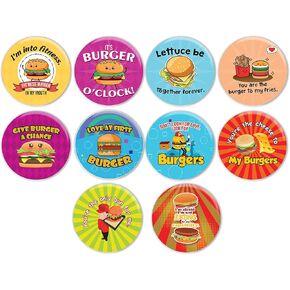 Creanoso Funny Burger Pin Buttons (1-Set X 10 Buttons) - Fun Classroom Reward Incentives for Students and Children - Stocking Stuffers Party Favors & Giveaways for Boys, Girls, Kids, Teens