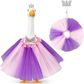 Princess Goose Outfit Crystal Rhinestone Gooses Tiara Crown Tutu Skirt Dress Cute Costume for 17‘' 23‘' Cement/Plastic Porch Goose Spring Summer Party Decoration (Rose Red)