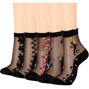 Campsis Black Nylon Socks Flower Sheer Sock Floral Lace Socks for Women(5 Pairs)