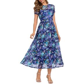 Summer Floral Mesh Maxi Dresses for Women 2025 Sexy Crew Neck Flowy Swing Long Work Cocktail Dress for Wedding Guest in Kuwait