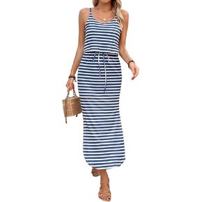 Women's Spring and Summer Slim fit Dress, Vacation Sleeveless Striped Vest Dress, Drawstring Open Neck in Saudi Arabia