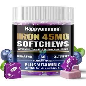 Iron Soft Chews Supplement with Vitamin C | Strawberry Flavored | Gluten Free | Iron Supplement for Women Men and Kids | 60 Count | 2 Month Supply
