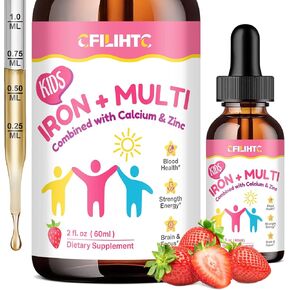Liquid Iron Supplement for Kids, Women & Men - with Calcium, Zinc, Kids Multivitamin with Iron Drops - Immune Support, Blood Builder & Energy Support for Iron Deficiency, Anemia, Vegan 2 Fl Oz