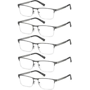 EYECEDAR 5-Pack Reading Glasses for Men Blue Light Blocking Metal Half Frame Gunmetal Gray Spring Hinges Readers 2.0