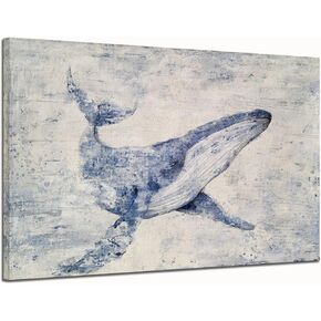 Yihui Arts Fish Canvas Wall Art Hand Painted Lovely Whale Paintings Modern Coastal Pictures in Blue and White Color Abstract Animal Artwork for Living Room Bedroom Bathroom Decor