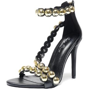Women's 4.3IN Stiletto Open-Toe Sandals Beaded Ankle Strap & Zip Closure Nightclub Party Wedding Heels Shoes