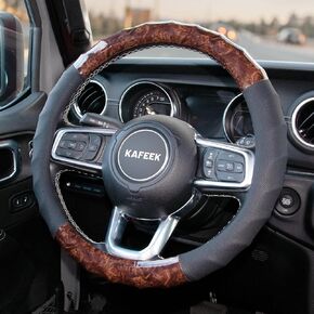KAFEEK Wood Grain Steering Wheel Cover, Universal 15 Inch, Car Steering Wheel Protector Men Women, Comfort Finger Grips, Breathable Microfiber Leather, Anti-Slip, Black