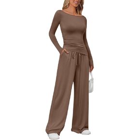 Lillusory Womens Boat Neck Long Sleeve Side Ruching HEM غير متماثل أعلى الساق الساق 2 قطعة صالة عرضية مع جيوب