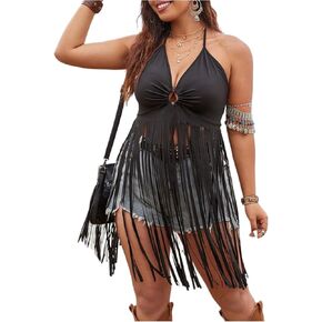 Shenhe Women's Plus Fringe Tops Sexy Halter Neck Backless Boho Tassel اقتصاص الخروج من الأعلى
