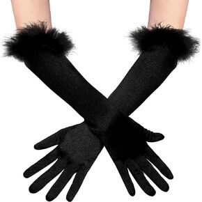 BABEYOND Long Satin Opera Gloves Pageant Feather Gloves 1920s Stretchy Elbow Length Gloves for Halloween Costume Party