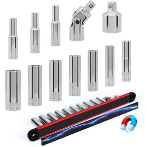 12 قطعة 1/4 "محرك SAE Long Socket مجموعة 4-13 مم مع رف السكك الحديدية منظم مغناطيسي واحد ، وتوصيل مقبس عميق 6 نقاط مع 3/8" إلى 1/4 "محول و 1/4" المفصل العالمي (الأزرق)