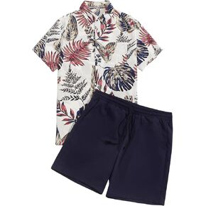 OYOANGLE Men's 2 Piece Outfits Tropical Button Down Short Sleeve Shirt and Shorts Set Tracksuit