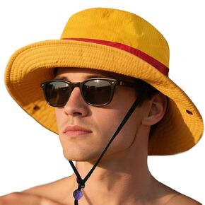 3-in-1 Captain Inspired Sun Hat Set - UPF 50+ Foldable Wide Brim Bucket Hat with Adjustable Back Vent + Strawhat Key Case & Enamel Pin, Unisex Waterproof Outdoor Hat, Normal Version