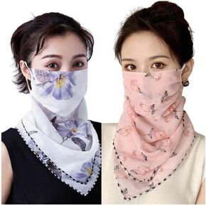 2 Pack Summer Sun UV Protection Face Cover Scarf with Designs Womens Cooling Neck Gaiter with Ear Loops Breathable Face Mask Neck Covers Bandana Headwear for Women Outdoor Hiking Riding