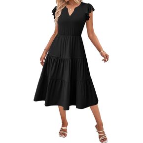 Zeagoo Womens Summer Casual Dresses Ruffle Sleeve V Neck Midi Dress Flowy Tiered Dress with Pockets Boho Sundresses