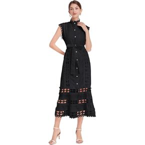 Lai Meng Five Cats Women'slessless Hollow Out Button Up Disual Midi Party Dress مع حزام
