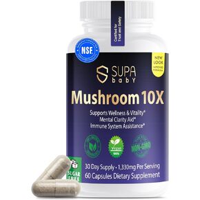 Mushroom 10X Supplement - 10 Mushroom Extracts for Immune Support & Mental Clarity - Vegan, Non-GMO - 60 Capsules