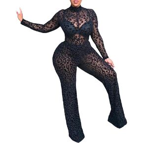 SEMATOMALA Women's Mesh Sheer Mock Neck Flare Jumpsuit Black Leopard See Through Wide Leg Long Pants Romper Bodycon Clubwear