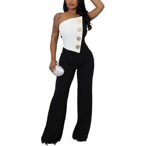 Sunlips elegant,sexy,high waisted,Women fashionable,wide leg pants,club business party button jumpsuit