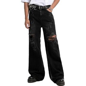 COOLMONAR Men's Baggy Jeans Ripped Black Wide Leg Distressed Destroyed Jean Denim Pants