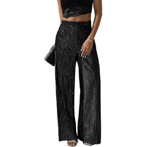 Heipeiwa Women's Rhinestone Stripes Velvet Palazzo Pants High High Leg Leg Parkle Sequin Sequin Proutser
