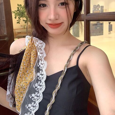 2 PCS مثلث رأس kerchief gingham لون الأزهار الصلبة مع الدانتيل الرعوي على النمط الرعوي in Kuwait